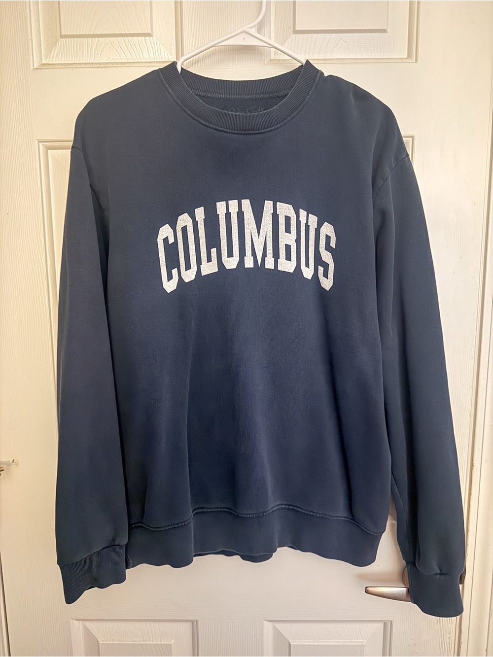 Brandy Melville Navy Crewneck with White 'COLUMBUS' Chest Print